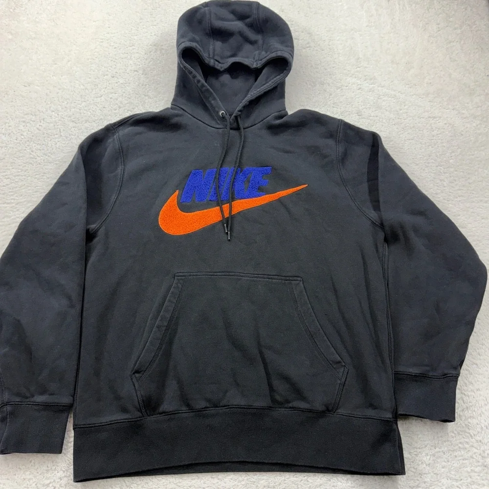 Nike Men M Black Orange Blue Logo Hoodie Sweatshirt Pullover Basic Comfort